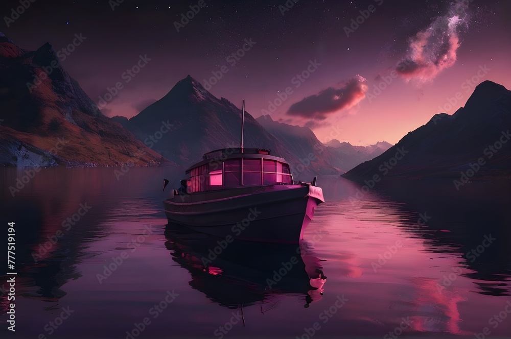 Old wooden boat on lake, beautiful evening sky and mountains.