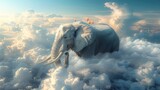Huge elephant floating or flying hanging from balloons with sky and clouds background.