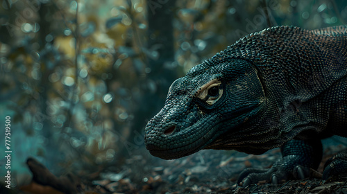Dramatic shot capturing the powerful gaze of a Komodo dragon  with misty forest background adding to the mystery