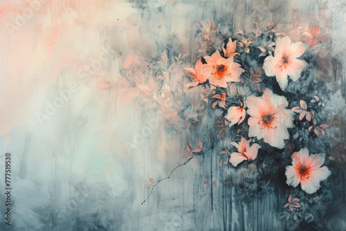   A painting of white and pink flowers against a black and white background lower half features a pink and grey color scheme