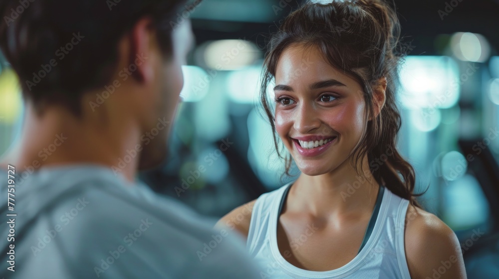 Fototapeta premium fitness, sport, exercising and diet concept - smiling young woman and personal trainer with clipboard writing exercise plan in gym