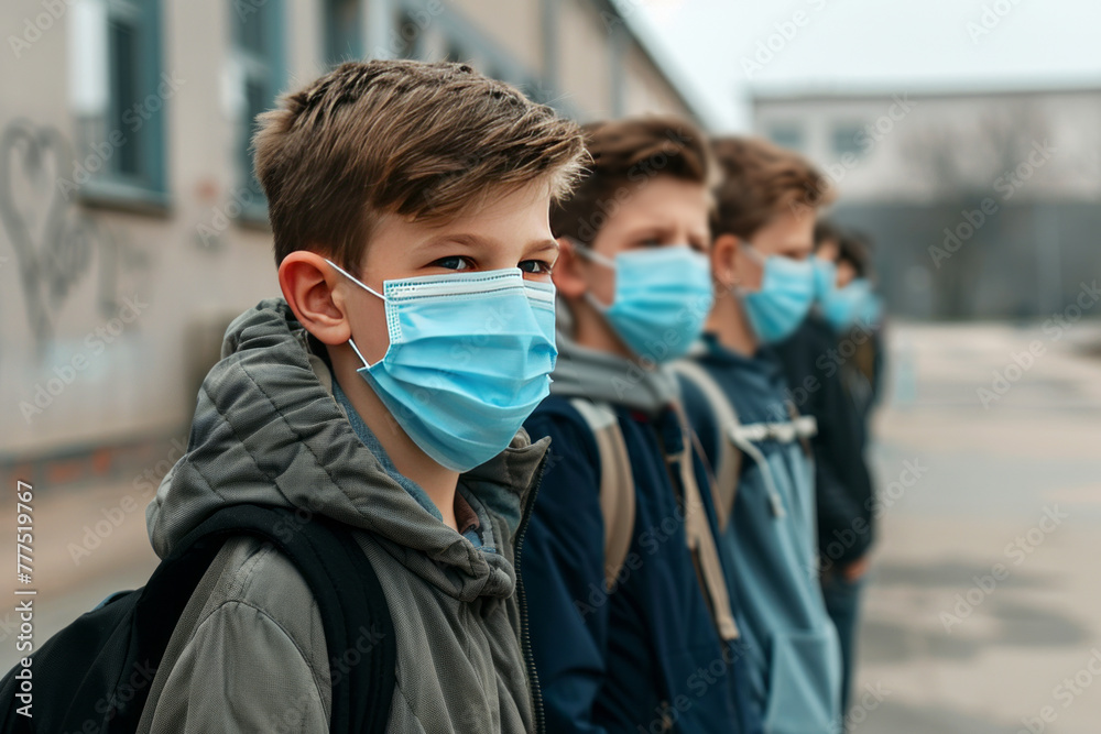 Students in Masks in a Row Representing New Normal in Education and Safety Measures Students in Masks in a Row Representing New Normal in Education and Safety Measures