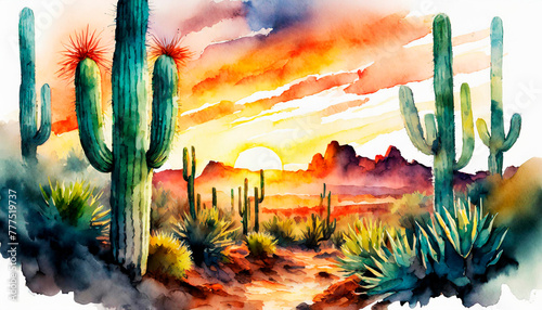 Southwest Desert Saguaro Cactus Mountain Watercolor Landscape