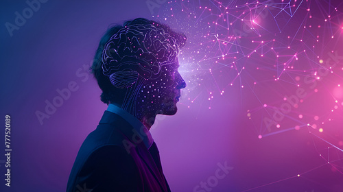 Contemporary art collage Silhouette of a businessman in lights and dots, generative Ai