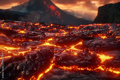 A mesmerizing flow of lava its surface crackling with heat as it journeys across the landscape a spectacle of natural wonder