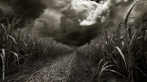 an evocative image of a sugarcane field confronting a stormy sky, highlighting the intricate details of the cornstalks and the dark clouds above attractive look photo