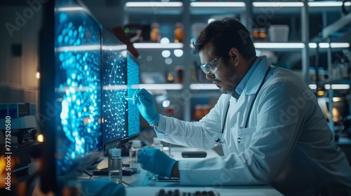 A scientist manipulates cadmium based materials surrounded by blue holographic screens displaying advanced research