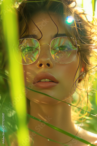 Ethereal woman peering through lush greenery with light casting a vibrant glow