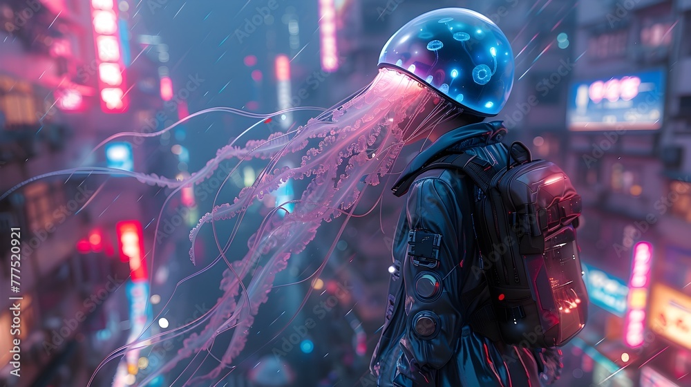 Fototapeta premium Enigmatic Bio-Engineered Hybrid Amidst Neon-Lit Cityscape