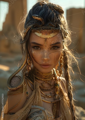 Enigmatic Woman Amidst Ethereal Desert Ruins in Mesmerizing Egyptian-Inspired Attire