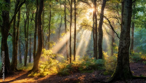 A dramatic woodland scene with shafts of light piercing through the dense canopy of trees during a beautiful sunrise © Chetiwat