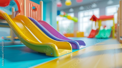 an eye-catching AI-generated image of a modern indoor children's playground, emphasizing a colorful slide in a kindergarten area, with designated copy space for text or design attractive look photo