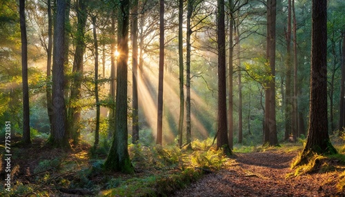 A dramatic woodland scene with shafts of light piercing through the dense canopy of trees during a beautiful sunrise