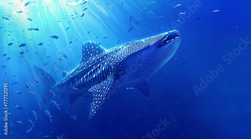  A large whale swimming in the ocean with many fish circling around its head