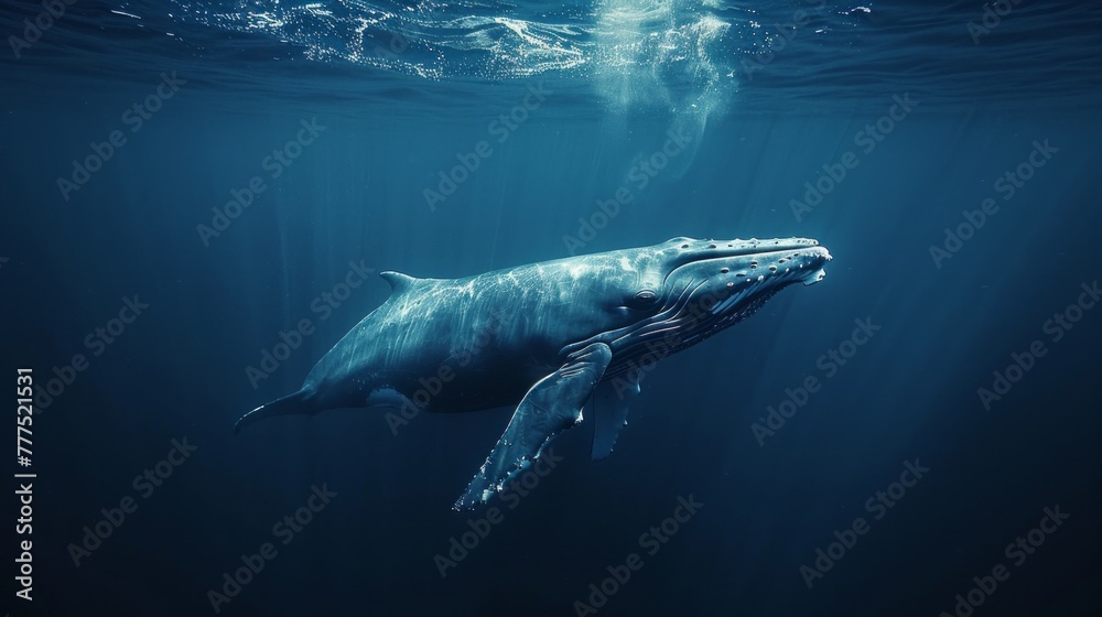 Fototapeta premium Blue whale dive in deep Ocean