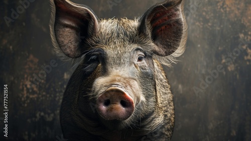 A close up of a pig with long ears and dark background, AI