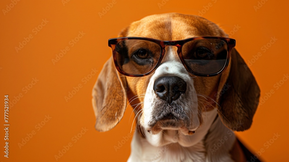 Beagle in wayfarers adventurous spirit on a burnt orange backdrop