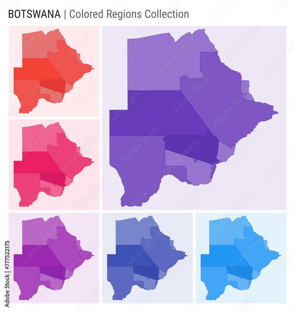 Botswana map collection. Country shape with colored regions. Deep Purple, Red, Pink, Purple, Indigo, Blue color palettes. Border of Botswana with provinces for your infographic. Vector illustration.