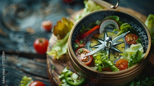 Compass filled with fresh salad ingredients on a wooden backdrop