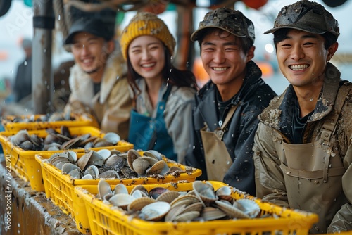 A group of people are smiling and sharing seafood dishes in a city event, standing next to baskets of clams. They are enjoying the cuisine and cooking hats are visible photo