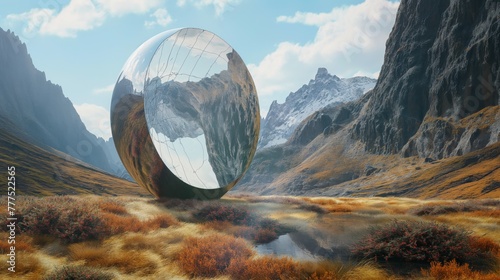 Surreal landscape with a large reflective sphere in a mountainous valley photo