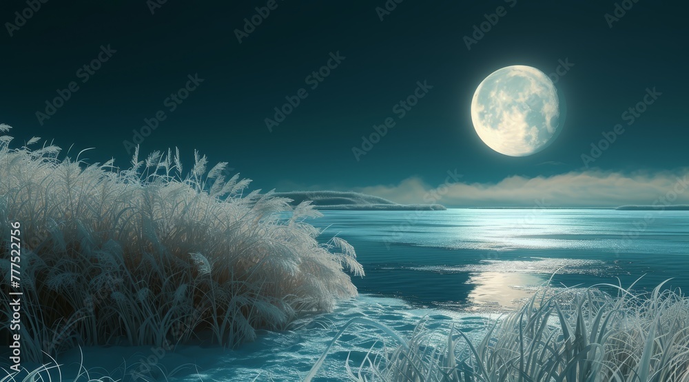   A full moon painting over a tranquil body of water, adorned with reeds and lush grass in the foreground - obrazy, fototapety, plakaty 