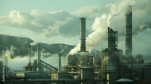 Industrial facility with smokestacks emitting steam against a hilly backdrop photo