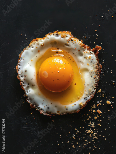 A vertical image of a fried egg that has been meticulously fried. The edges of the fried egg are brown and crisp on a black background, Generated by AI