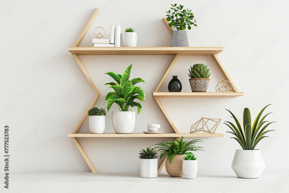Minimalist workspace with a geometric bookshelf and potted plants. Minimalist workspace with a geometric bookshelf and potted plants.