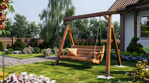 A serene garden setting with a charming wooden swing set - an invitation to tranquility and fun