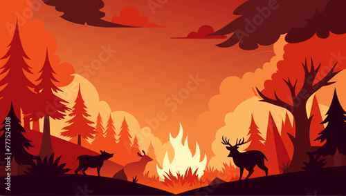 Fire disaster, illustration of fire burning trees in the forest for the campaign and public relations.