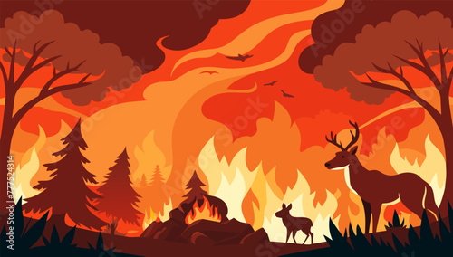 Fire disaster, illustration of fire burning trees in the forest for the campaign and public relations.