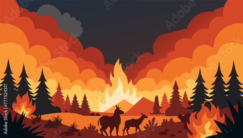 Fire disaster, illustration of fire burning trees in the forest for the campaign and public relations.