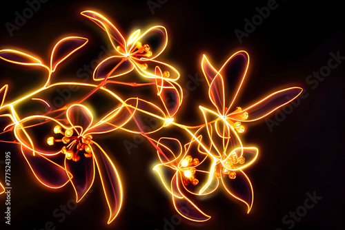 Futuristic neon mistletoe illustration with light trails isolated on black background.