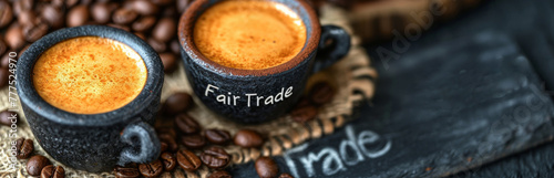 mugs with coffee and fresh coffee beans, on a warm background with burlap fabric. "Fair Trade" signs.
Concept: cafes and coffee shops, organic and certified drink.