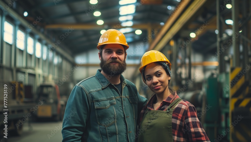 a man and woman are standing in a warehouse with hard hats a man and woman are standing in a warehouse with hard hats