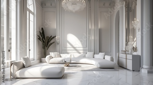 an image of a glamorous white living room interior with AI, featuring luxurious materials and finishes attractive look