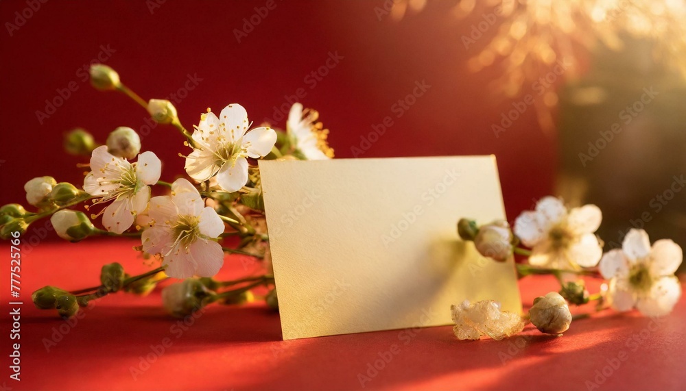 Composition with blank card and delicate flowers on red background