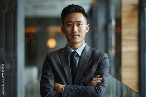Confident Asian businessman wearing business suit in office workspace. Successful male business person portrait