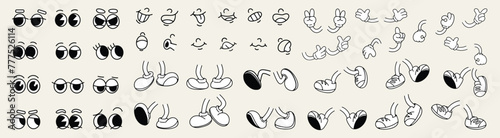 Set of 70s groovy comic vector. Collection of cartoon character faces in different emotions, hand, glove, glasses, hat, shoes. Cute retro groovy hippie illustration for decorative, sticker.