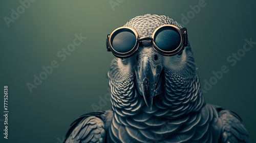 Grey parrot with pilot shades wisdom on a deep emerald background