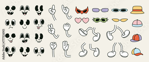 Set of 70s groovy comic vector. Collection of cartoon character faces in different emotions  hand  glove  glasses  hat  shoes. Cute retro groovy hippie illustration for decorative  sticker.