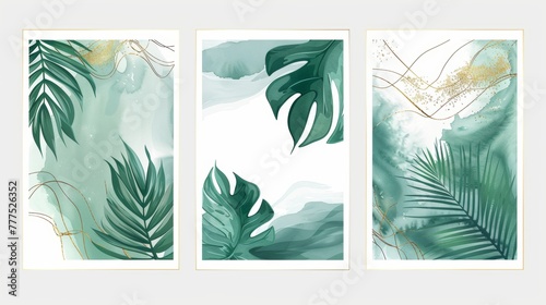 Modern design of tropical botanical triptych wall art. Abstract art background with palm leaves and Monstera leaves.