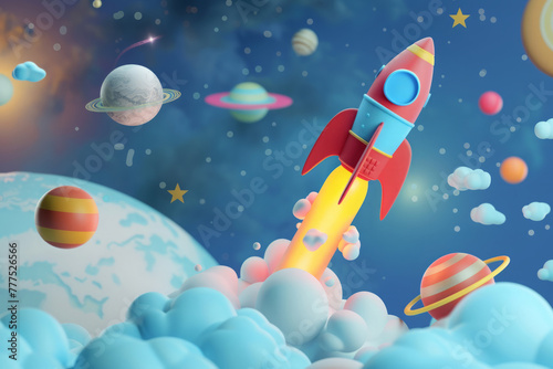 Colorful cartoon rocket flying among the planets. Space background for children
