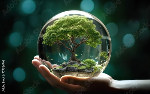 Hand holding a tree within a crystal ball photo