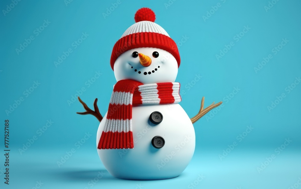 Snowman wearing striped scarf on blue backdrop