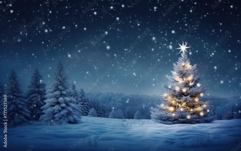 Illuminated Christmas tree in snowy landscape