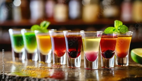 Set of colorful different bitters and liqueurs in shot glasses on bar counter © adobedesigner