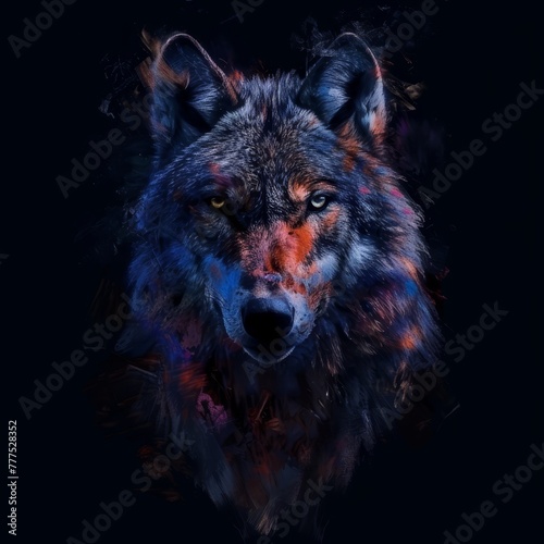  A tight shot of a wolf's expressive face against a black backdrop, accented with vivid red, orange, and blue hues