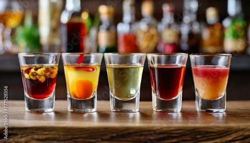 Set of colorful different bitters and liqueurs in shot glasses on bar counter.  photo